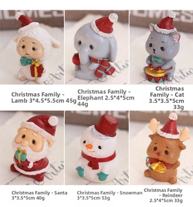 Detail view of miniature resin Christmas figurines featuring snowman and elk with hand-painted finish