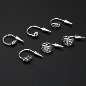 Gothic punk U-shaped ear rings set featuring snake, skull, and eagle claw motifs
