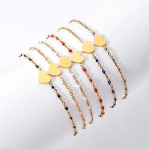 Bohemian Heart Pendant Bracelet 18K Gold Plated Stainless Steel With Colorful Enamel Beads Adjustable Fashion For Women