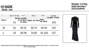 Tabella taglie S, M, L per abito svasato a maniche lunghe con dettagli cut-out e lacci