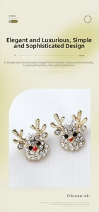 Detailed close-up of reindeer Christmas stud earrings with white rhinestones and red nose