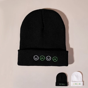 Knitted Beanie Hat Acrylic Winter Warm Cap With Face Emoji Embroidery Streetwear Casual Accessory For Men Women