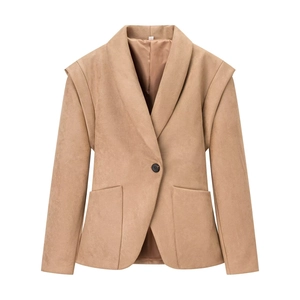 Women's faux suede long sleeve blazer jacket in light camel with a single black button