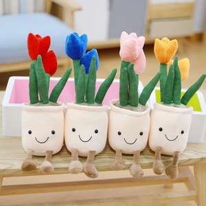 Plush tulip potted plants in red, blue, pink and orange colors on a wooden stool