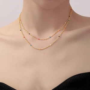 French style double-layer gold titanium necklace with colorful enamel beads for women