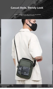 Detail of olive green sporty crossbody bag featuring camo pocket and sport logo