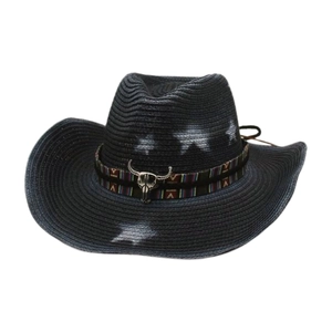 Western style black straw cowboy hat with white star patterns and silver bull head emblem