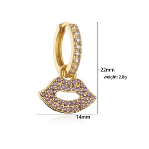 Detailed view of 18K gold-plated lip earring with purple cubic zirconia micro-pave setting
