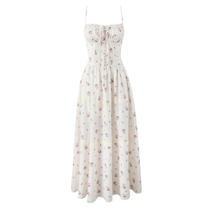 French Sweet Floral Gingham Spaghetti Strap Maxi Dress Lace Patchwork Smocked High Waist Sleeveless Polyester
