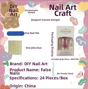 Detail of press-on nail kit with pink floral patterns, 24 pieces and tool set included