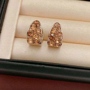 Vue macro de boucles d'oreilles en grappe champagne sur une base argentée dans un écrin