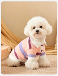 Close-up of pink and purple striped pet sweater showing soft knit texture and polo collar