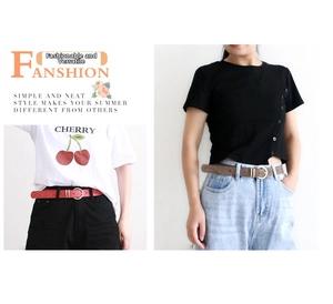 Detail of red and brown nubuck leather belts for women with round golden pin buckles