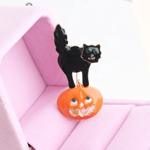 Halloween Brooch Alloy Enamel Black Cat Pumpkin Green Rhinestone Lapel Pin Jewelry Gift For Women Men