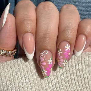 French Tip Almond Press On Nails With Daisy Floral And Bow Design Sweet Style For Women Glossy Long Wear