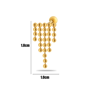 Detailed view of gold tassel stud earrings with dimensions of 1.8cm by 1.0cm