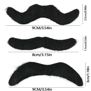 Tabella delle taglie con tre stili di baffi finti neri sintetici per costumi di scena