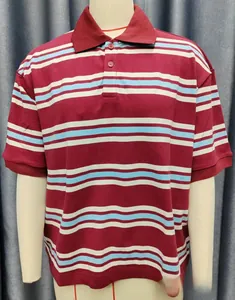 Detail of burgundy striped polo shirt with knit texture and buttoned collar on mannequin