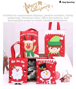 Detail of felt Christmas gift bags featuring cartoon Santa, reindeer and snowman designs