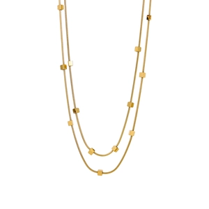 Detailed view of double-layered gold necklace featuring minimalist square geometric sliders