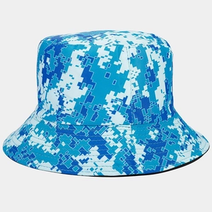 Detailed macro view of blue digital pixel camouflage pattern on a durable outdoor bucket hat