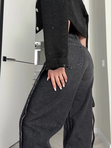 Amerikanische Retro Wide-Leg Denim Jeans mit Fransensaum und hohem Bund in Dunkelgrau