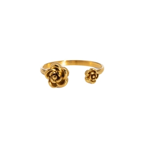 Minimalist golden stainless steel open ring featuring dual rose flower design on white background