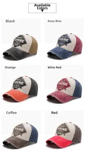Close-up of vintage washed baseball caps in six colors with distressed brims and embroidery