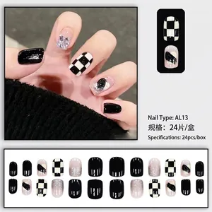 Black and white checkerboard short press-on nails with silver glitter, 24-piece set