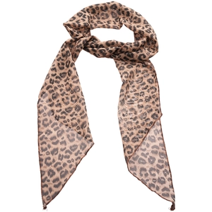 Chiffon leopard print skinny scarf with brown polka dots for versatile fashion styling