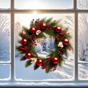 Détail d'une couronne de Noël avec des aiguilles de pin et boules rouges sur une fenêtre