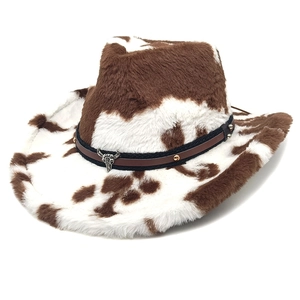 Chapeau De Cow-Boy Western Fausse Fourrure Imprimé Vache Ornement Métal Tête De Taureau Fedora