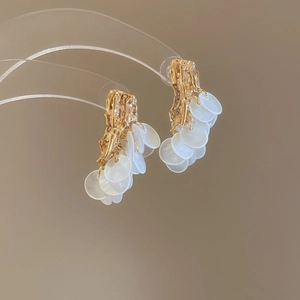 Détails de pendentifs ronds en nacre suspendus à des boucles d'oreilles dorées