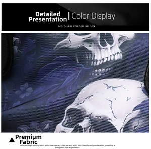 Detailed macro view of the skull and floral pattern on high-quality woven fabric texture