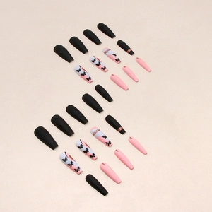 Long ballerina matte black and pink press-on nails with butterfly designs