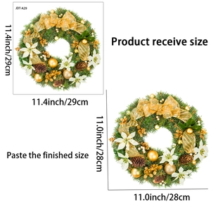 Detail showing the Christmas wreath dimensions for window decoration with golden ornaments