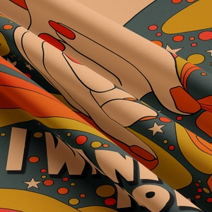 Macro detail of retro Pop Art printed tapestry fabric showing high-quality fiber texture