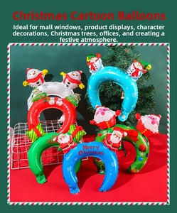 Close-up of festive inflatable Christmas headbands with Santa and snowman designs