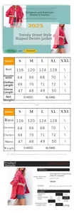Detailed size chart for retro long sleeve denim jacket with measurements and specs