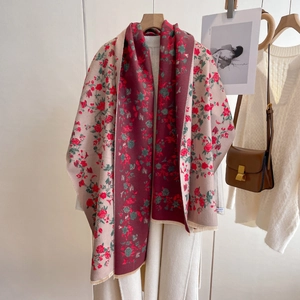 Elegant floral cashmere-feel scarf with double-sided burgundy and beige prints and fringes