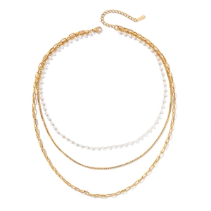 Elegant gold three-layer necklace featuring pearl beads, box chain, and paperclip links