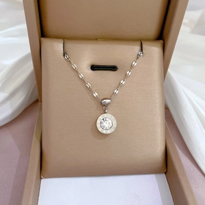 Detail of silver titanium necklace with Roman numeral round pendant and clear gem