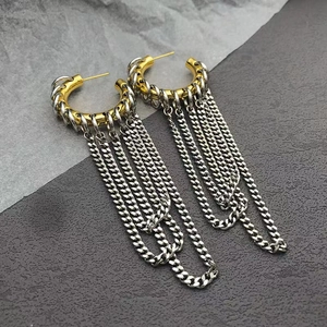 Chic long tassel earrings with golden circular hoops and silver cascading metal chains