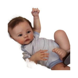 Realistic 49cm Meadow reborn baby doll in blue striped romper with 3D skin and brown hair