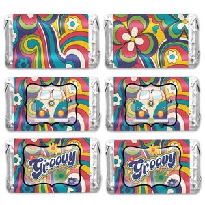 Macro detail of retro candy bar wrappers with groovy floral and van motifs