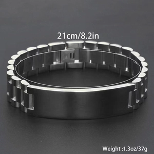 Detailed view of silver stainless steel Jubilee link bracelet with blank ID plate