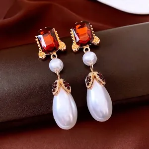 Vintage Drop Earrings With Red Zircon And Teardrop Artificial Pearl Elegant Court Style Jewelry With Silver Earring Post For Women