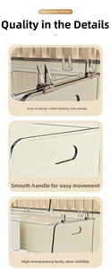 Detail view of transparent acrylic storage box with stackable buckles and side handles