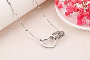 Macro detail of silver titanium steel necklace featuring interlocking heart and cat paw pendant