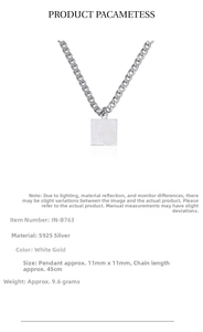 Detailed S925 sterling silver square pendant necklace with 45cm box chain and brushed finish